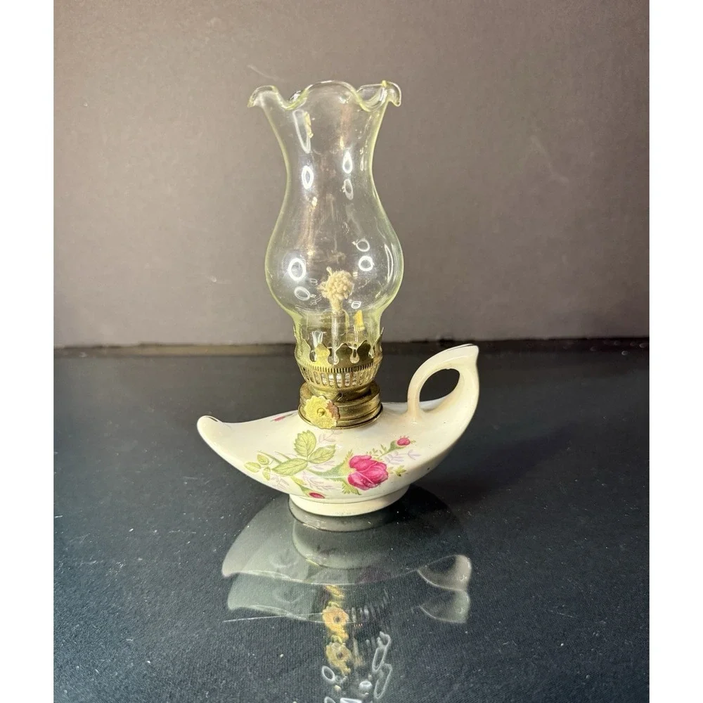 Vintage‎ Miniature Porcelain Oil Lamp w/ Roses Floral Design 6.75